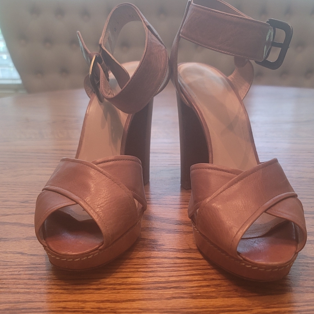 Stuart Weitzman Dark Tan Brown Genuine Leather Open Toe Platform Sandals Heels